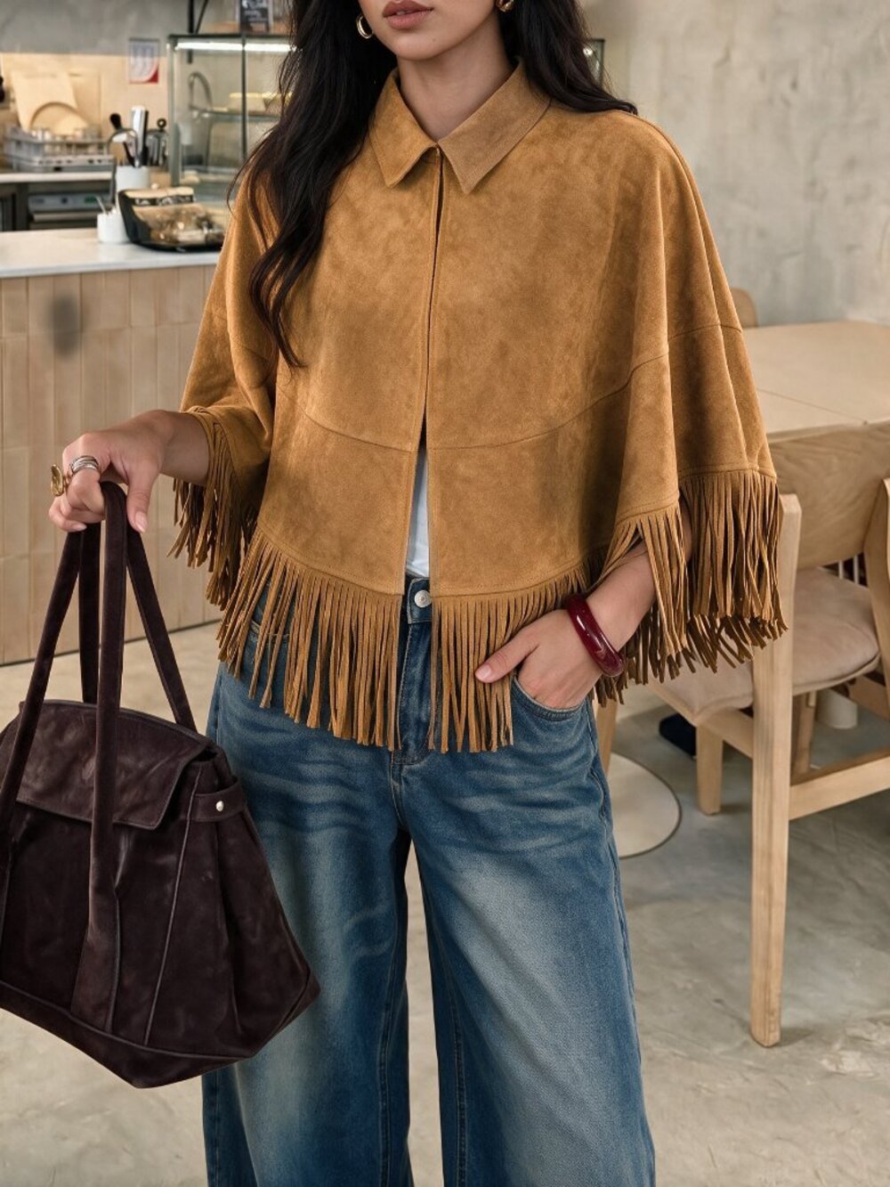 tan Casual Women's Fringe detail Collar cape poncho Top - Picture 9 of 9
